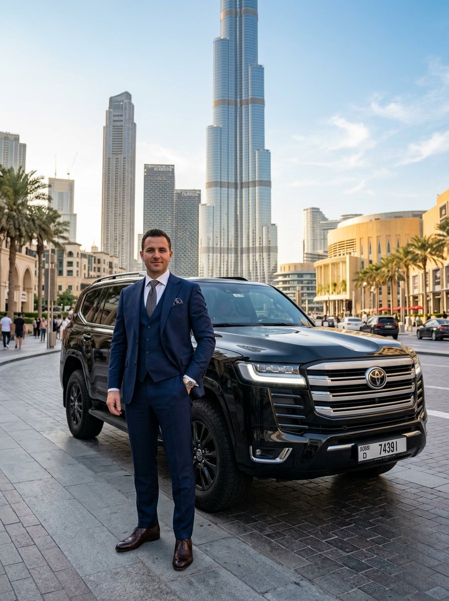 Mallu Rides UAE Chauffeur next to luxury car
