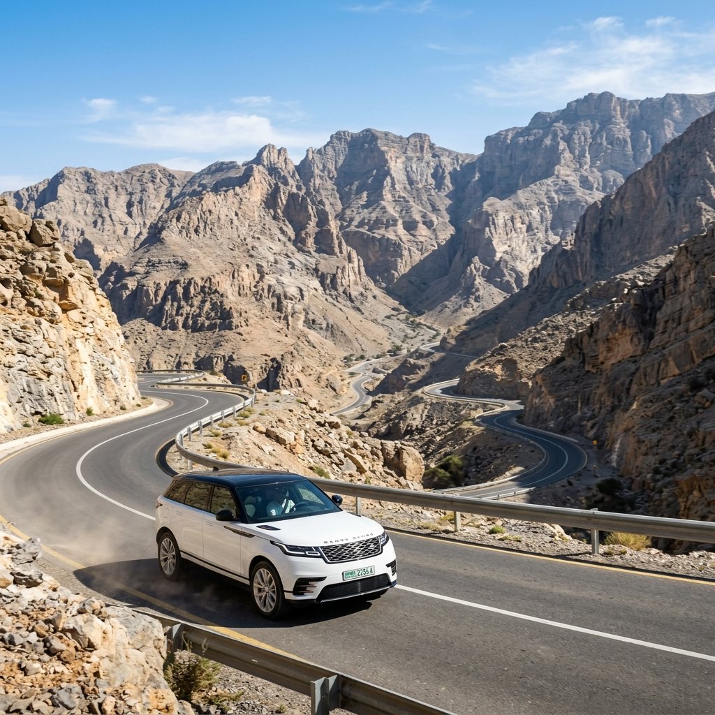 SUV driving in scenic mountains of Oman