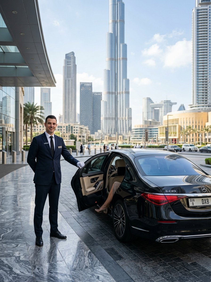 Mallu Rides UAE Chauffeur opening Mercedes door with Dubai Burj Khalifa skyline